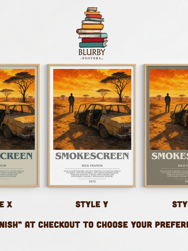 Smokescreen bookish print in frame leaning in hallway – thriller wall art