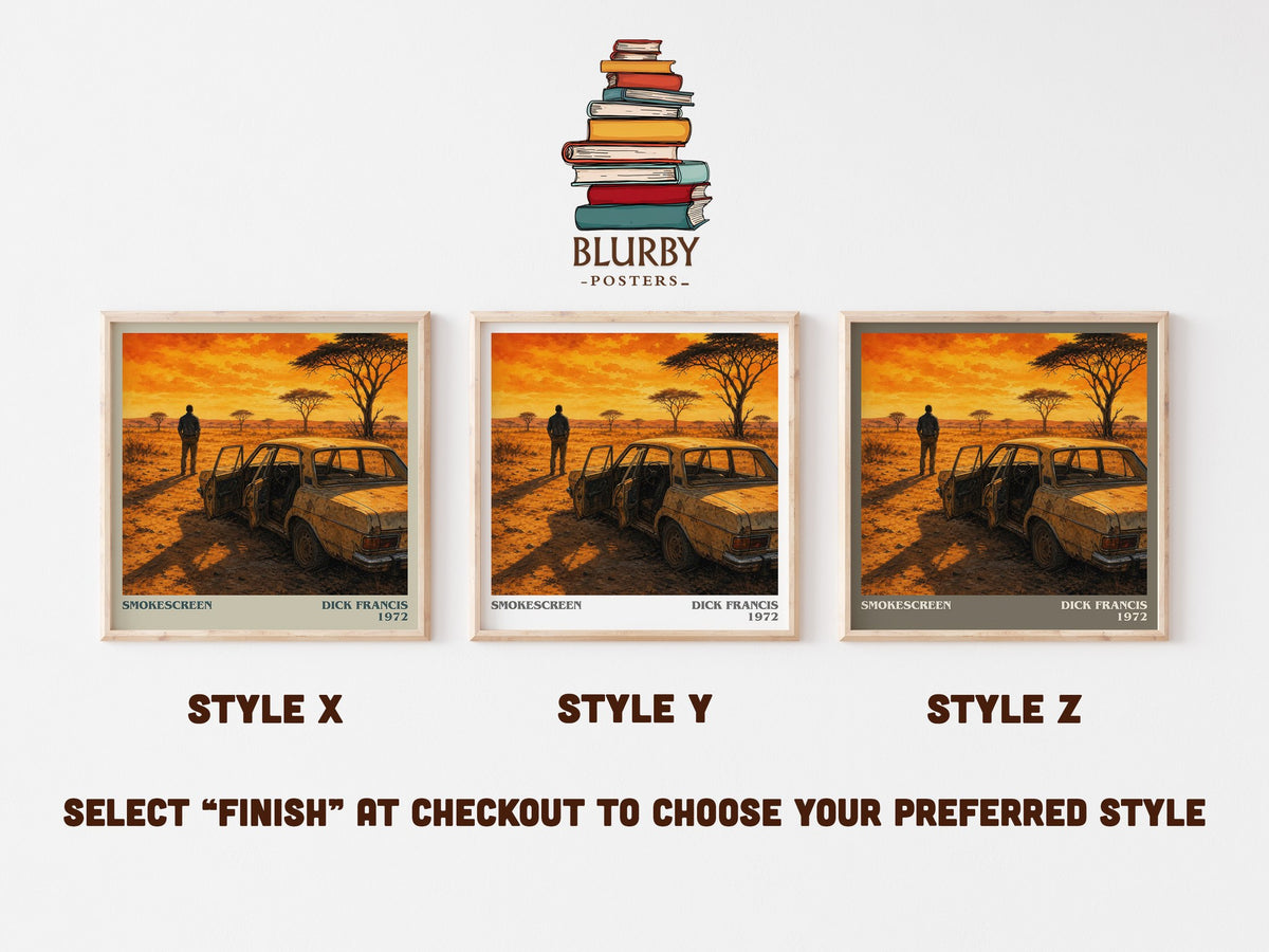Smokescreen literary print in frame leaning in hallway – thriller wall art (mockup)