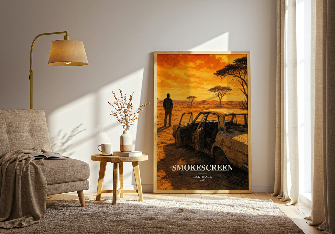 Smokescreen watercolour print in frame leaning in hallway – thriller wall art (mockup)