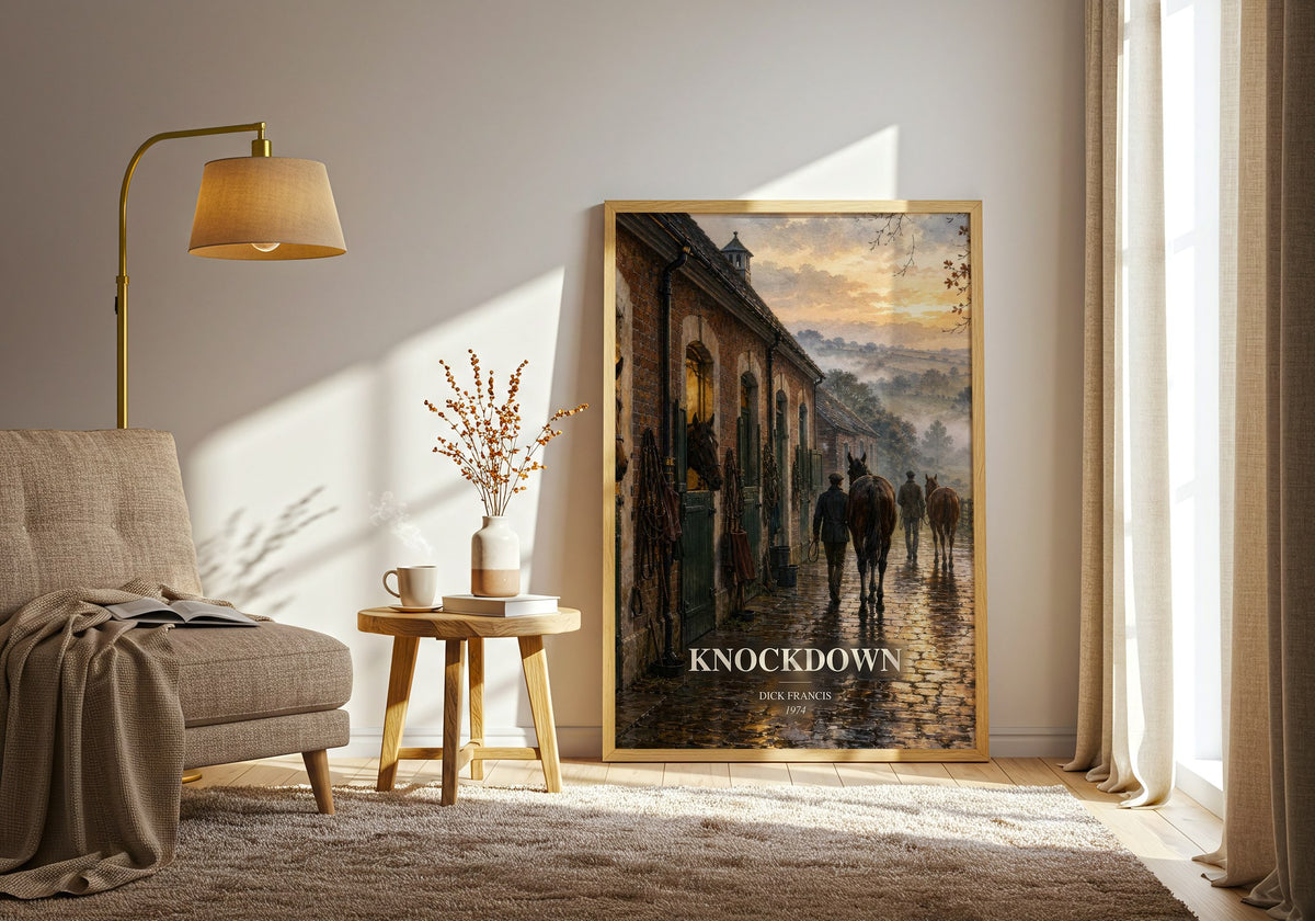 Knockdown watercolour print in frame leaning in hallway – thriller wall art (mockup)