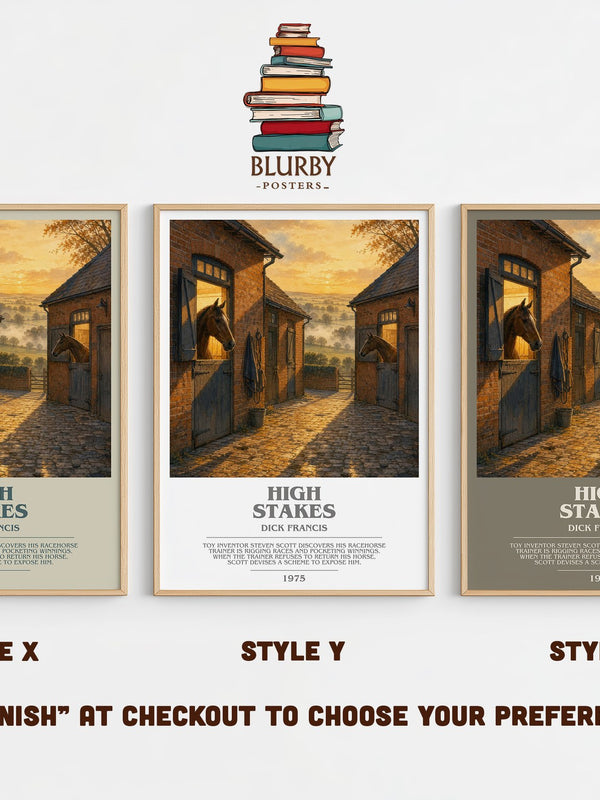 High Stakes bookish print in frame leaning in hallway – thriller wall art