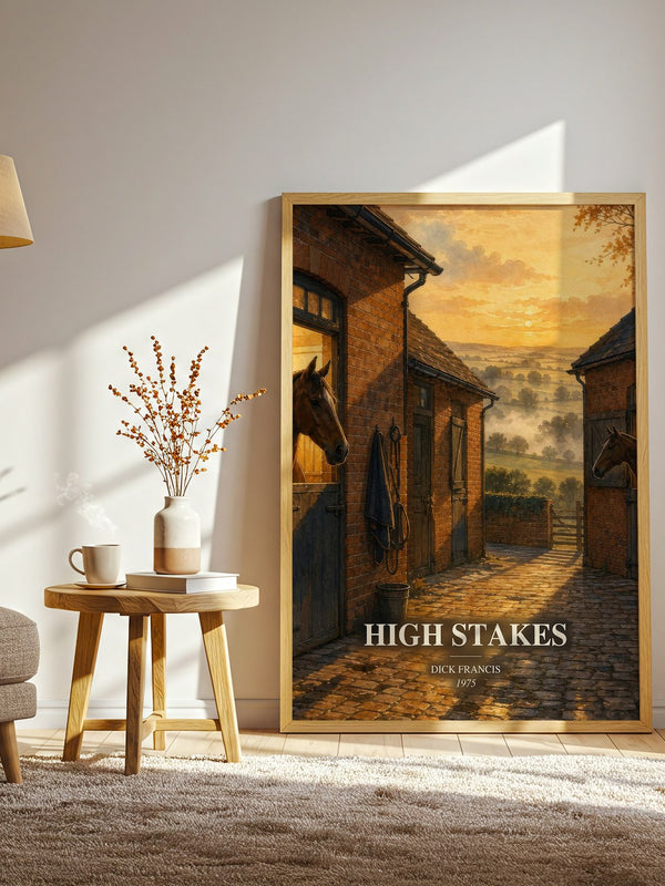 High Stakes watercolour print in frame leaning in hallway – thriller wall art