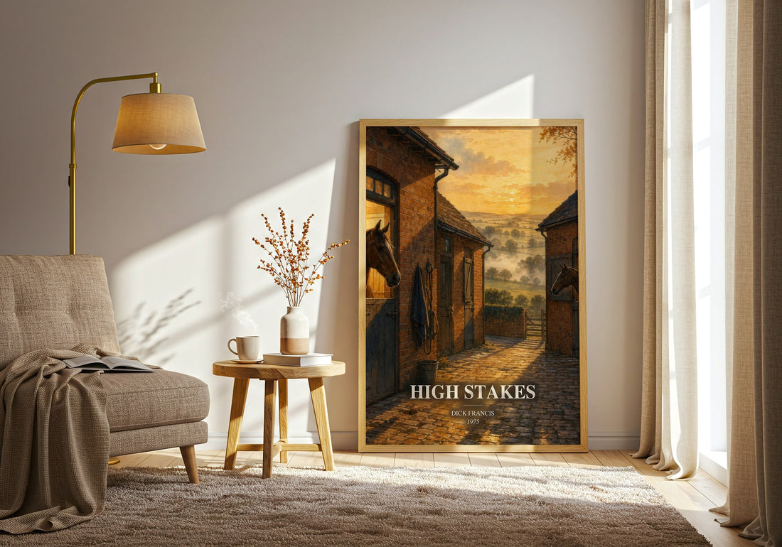 High Stakes watercolour print in frame leaning in hallway – thriller wall art (mockup)