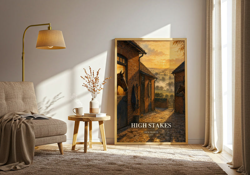 High Stakes watercolour print in frame leaning in hallway – thriller wall art