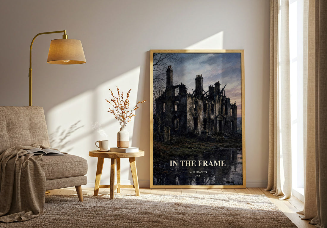 In the Frame watercolour print in frame leaning in hallway – crime wall art (mockup)