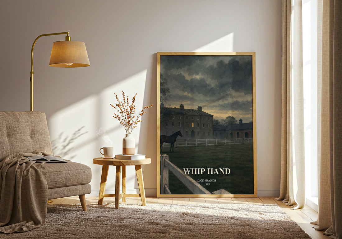 Whip Hand watercolour print in frame leaning in hallway – crime wall art (mockup)