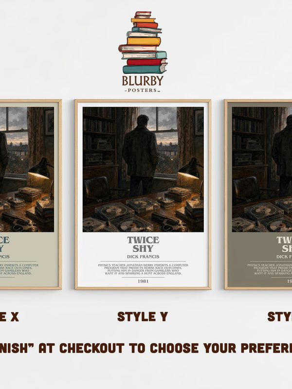 Twice Shy bookish print in frame leaning in hallway – thriller wall art
