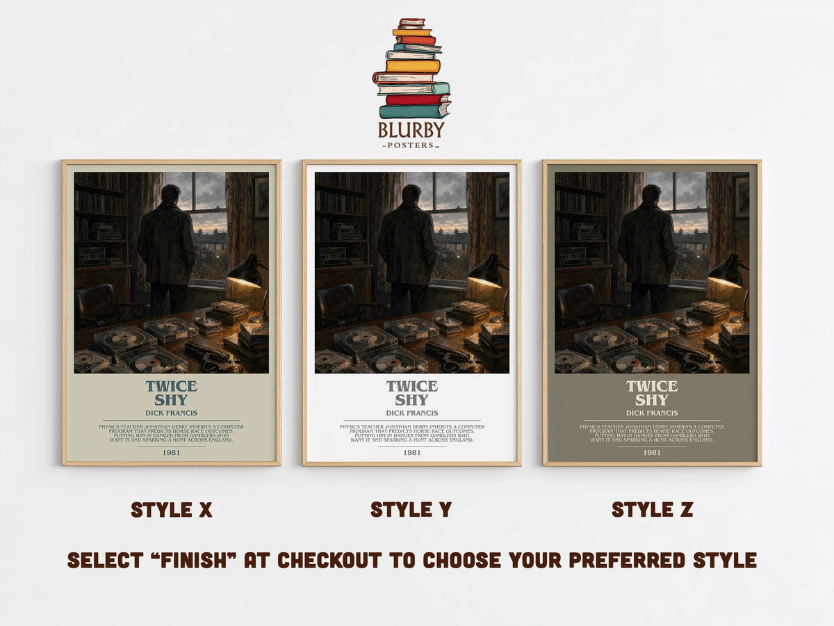 Twice Shy bookish print in frame leaning in hallway – thriller wall art (mockup)
