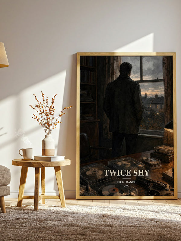 Twice Shy watercolour print in frame leaning in hallway – thriller wall art