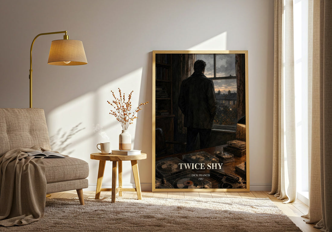 Twice Shy watercolour print in frame leaning in hallway – thriller wall art (mockup)