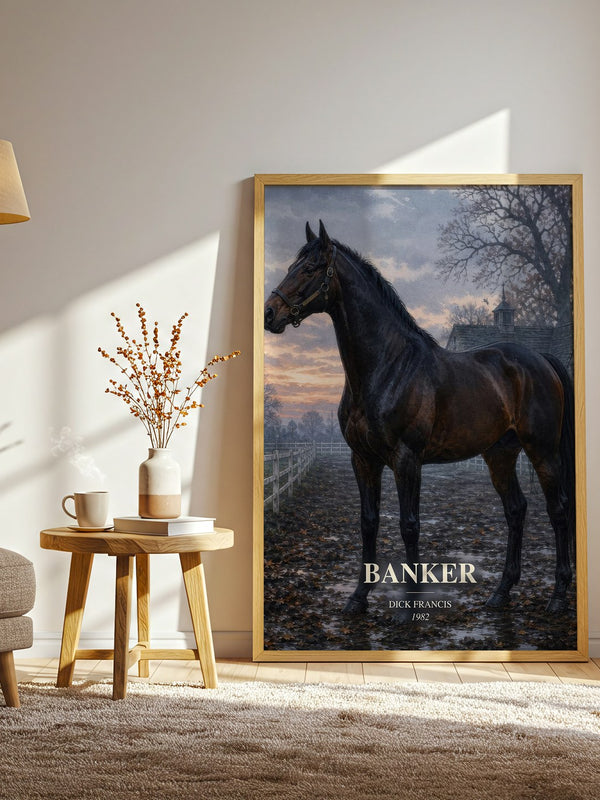 Banker watercolour print in frame leaning in hallway – thriller wall art