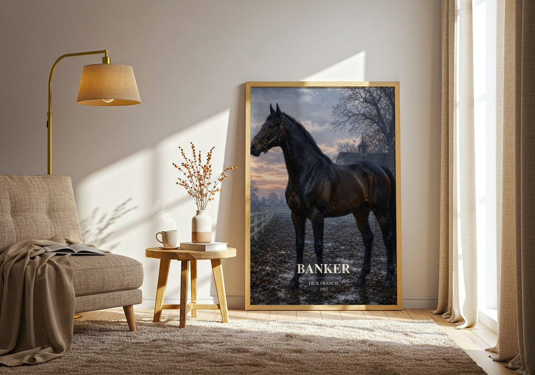 Banker watercolour print in frame leaning in hallway – thriller wall art (mockup)