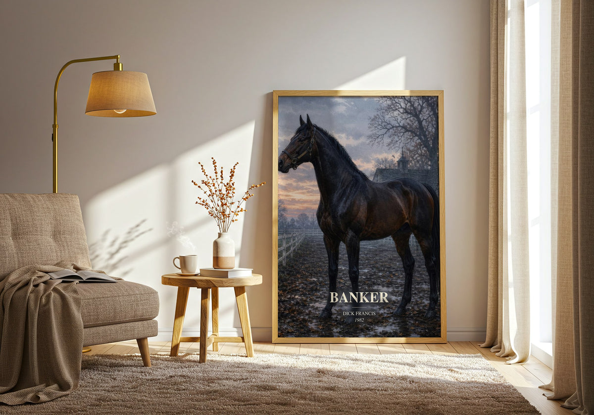Banker watercolour print in frame leaning in hallway – thriller wall art (mockup)