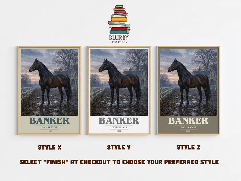 Banker book cover print in frame leaning in hallway – thriller wall art