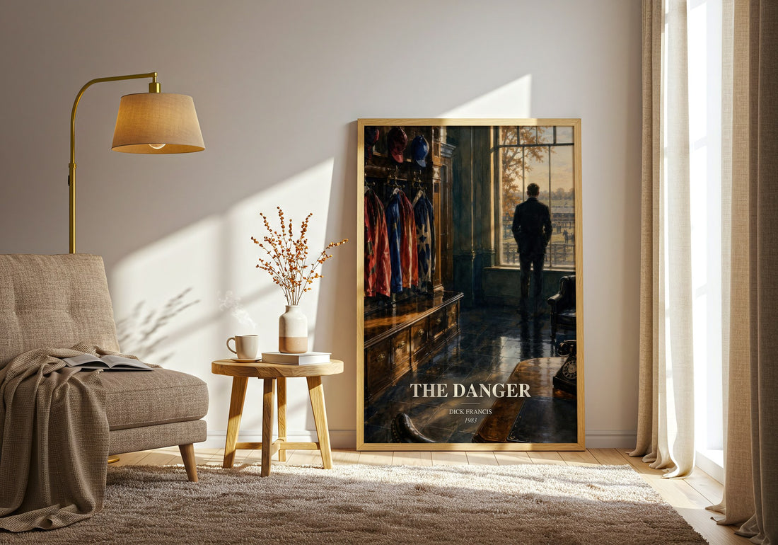 The Danger watercolour print in frame leaning in hallway – thriller wall art (mockup)
