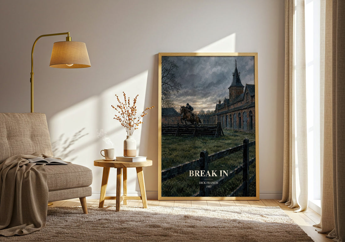 Break In watercolour print in frame leaning in hallway – thriller wall art (mockup)
