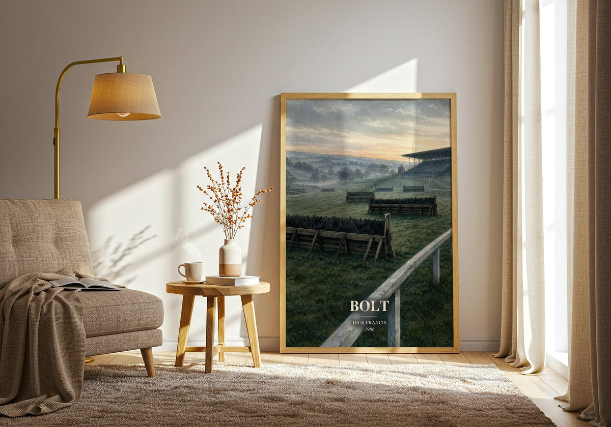 Bolt watercolour print in frame leaning in hallway – thriller wall art (mockup)