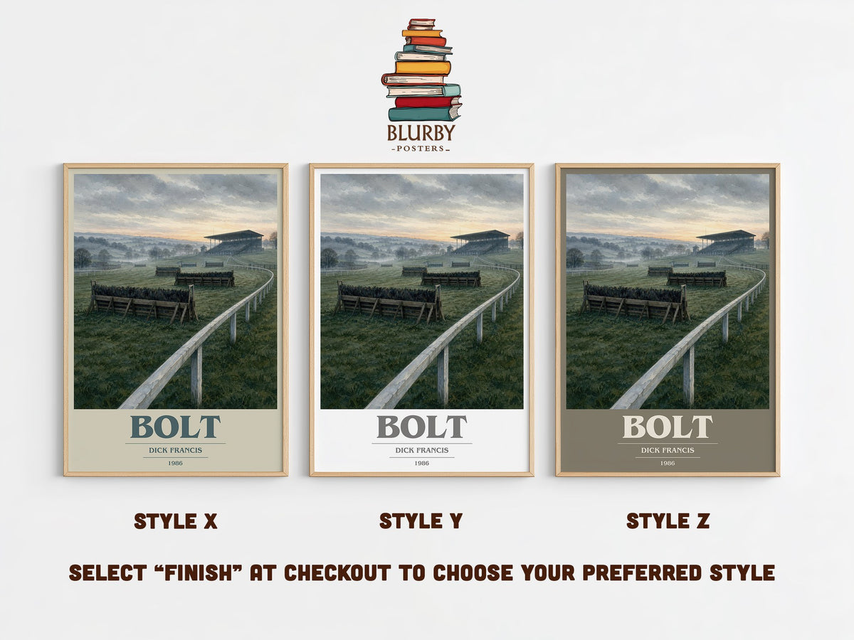 Bolt book cover print in frame leaning in hallway – thriller wall art (mockup)