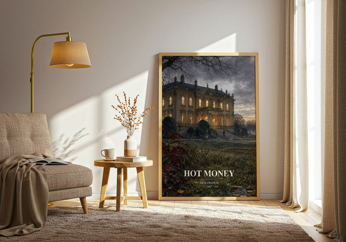 Hot Money watercolour print in frame leaning in hallway – thriller wall art (mockup)