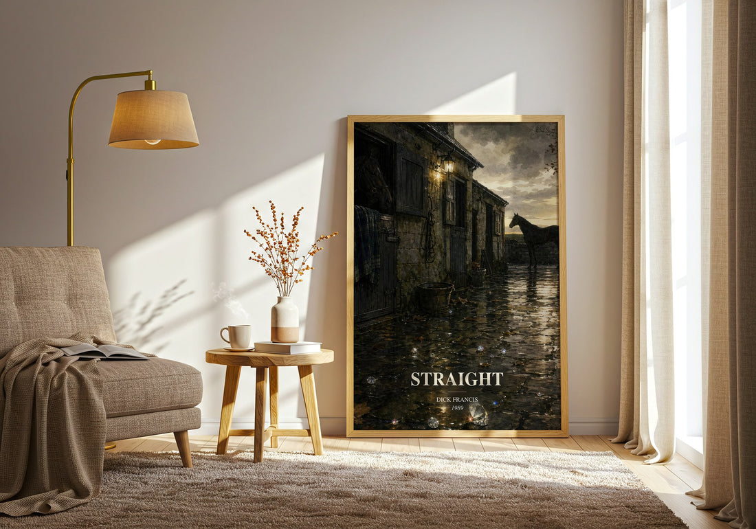 Straight watercolour print in frame leaning in hallway – thriller wall art (mockup)