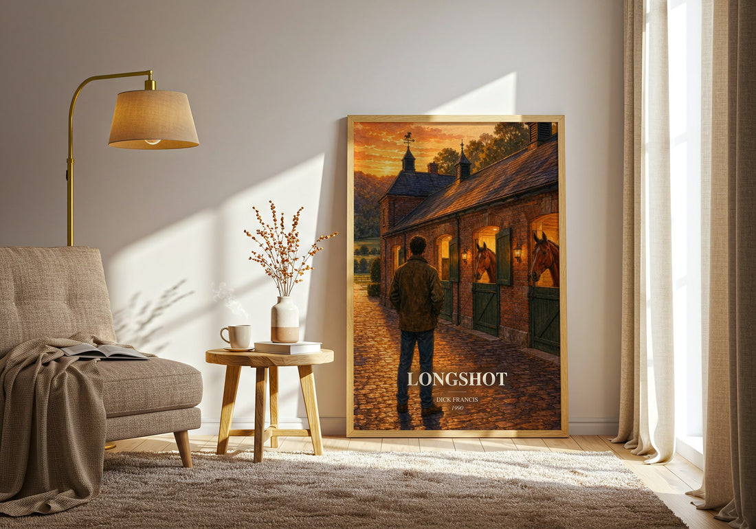 Longshot watercolour print in frame leaning in hallway – thriller wall art (mockup)
