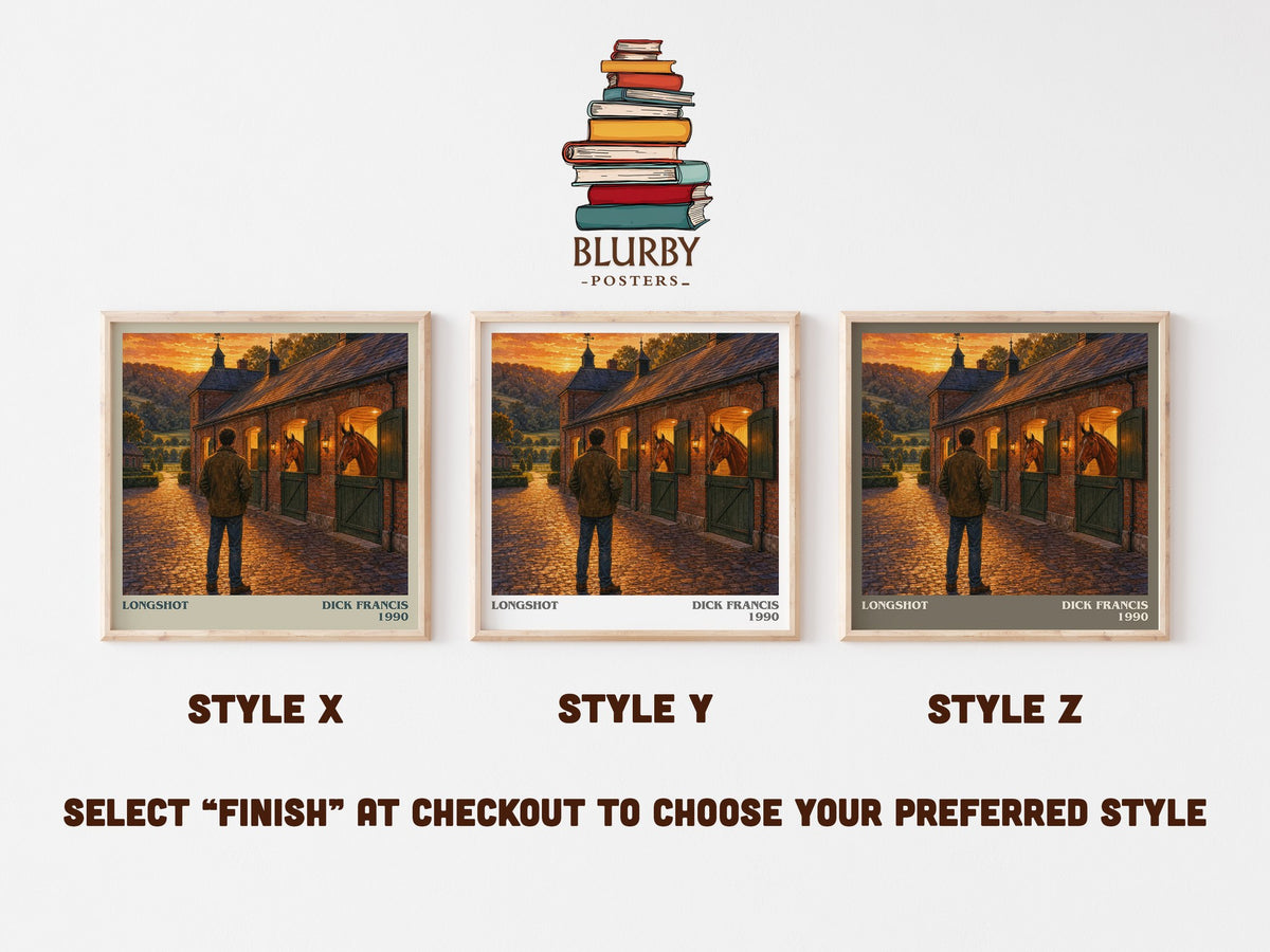 Longshot literary print in frame leaning in hallway – thriller wall art (mockup)