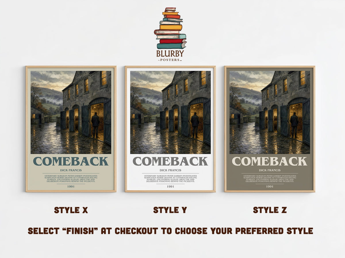 Comeback bookish print in frame leaning in hallway – thriller wall art (mockup)