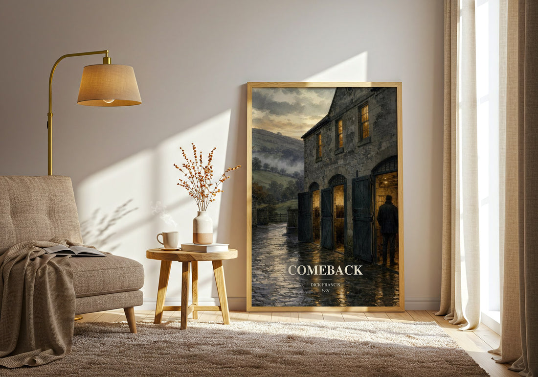 Comeback watercolour print in frame leaning in hallway – thriller wall art (mockup)