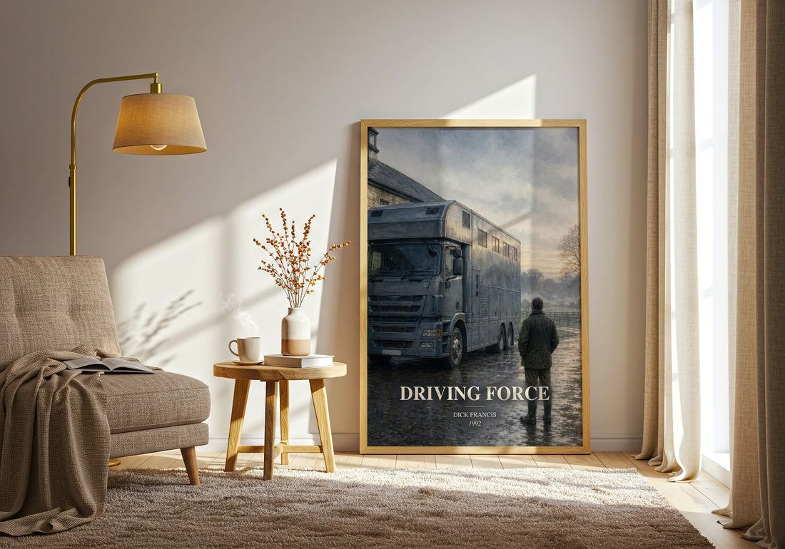 Driving Force watercolour print in frame leaning in hallway – thriller wall art (mockup)