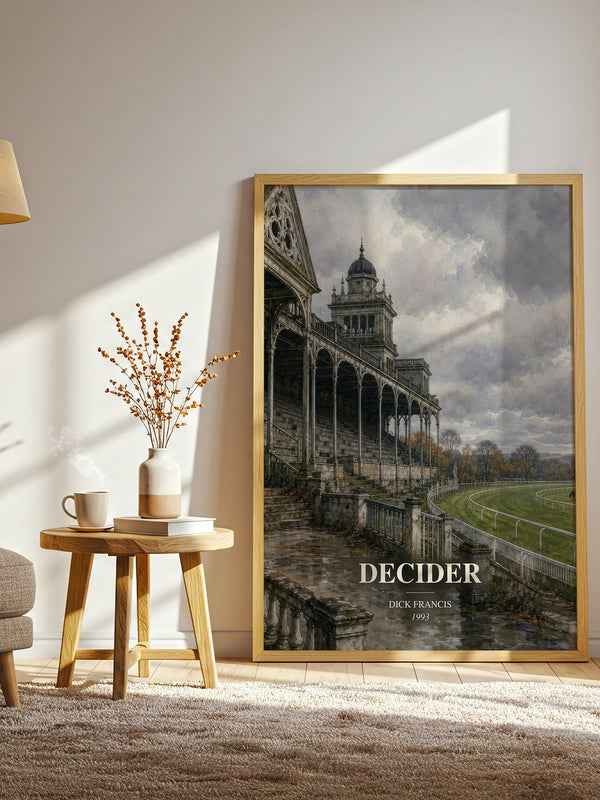 Decider watercolour print in frame leaning in hallway – thriller wall art
