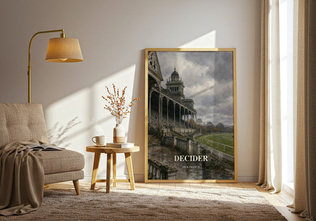Decider watercolour print in frame leaning in hallway – thriller wall art (mockup)