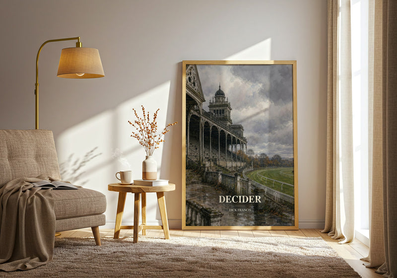 Decider watercolour print in frame leaning in hallway – thriller wall art