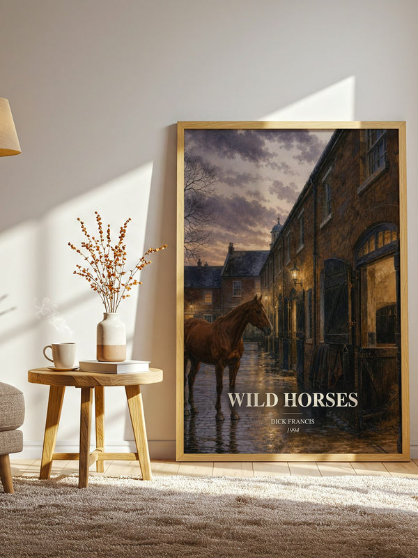 Wild Horses watercolour print in frame leaning in hallway – thriller wall art