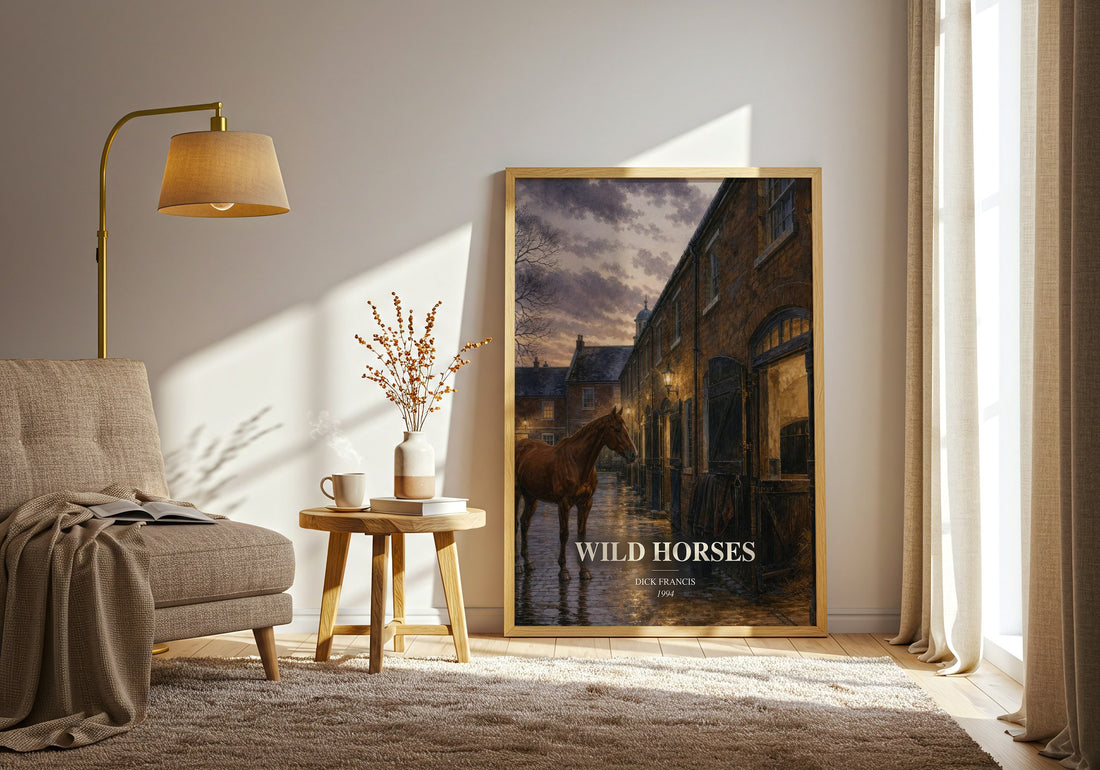 Wild Horses watercolour print in frame leaning in hallway – thriller wall art (mockup)