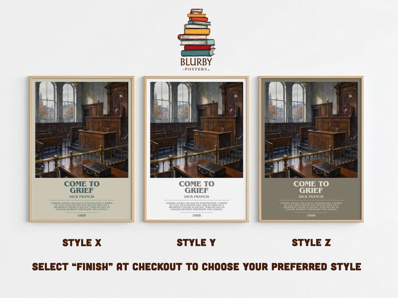 Come to Grief bookish print in frame leaning in hallway – crime wall art