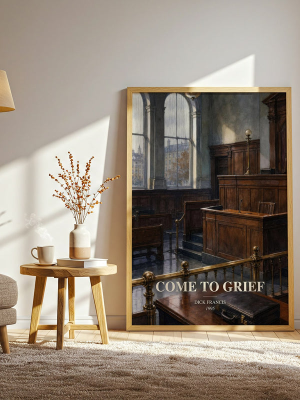 Come to Grief watercolour print in frame leaning in hallway – crime wall art