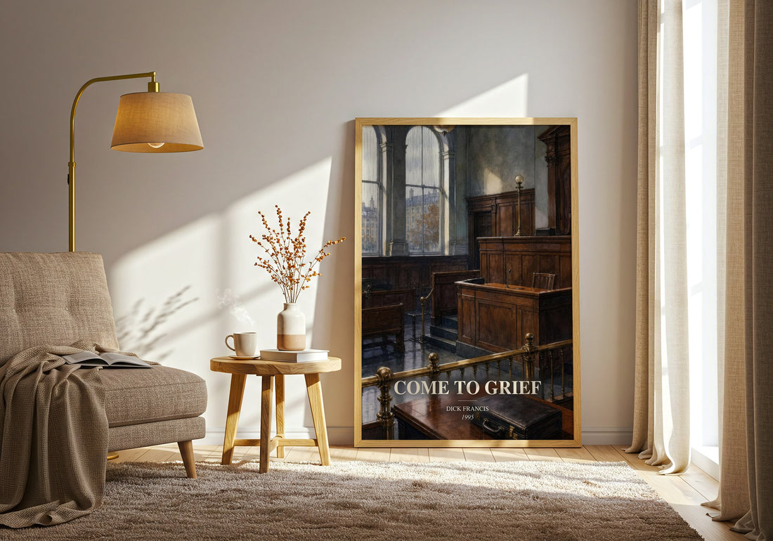 Come to Grief watercolour print in frame leaning in hallway – crime wall art (mockup)
