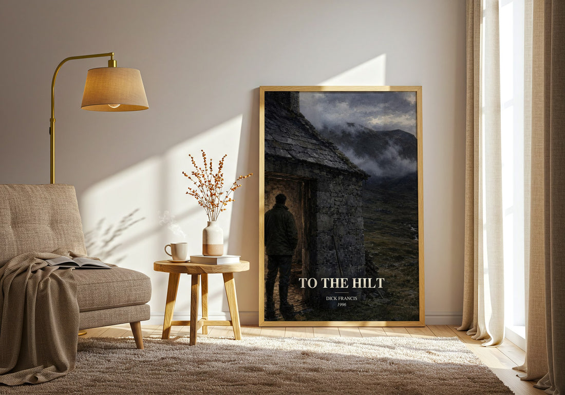 To the Hilt watercolour print in frame leaning in hallway – thriller wall art (mockup)