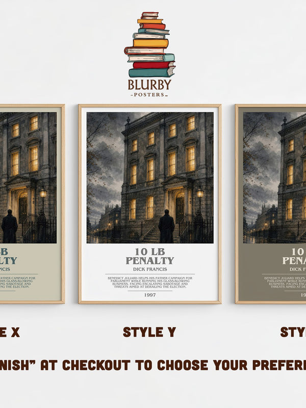 10 lb Penalty bookish print in frame leaning in hallway – thriller wall art