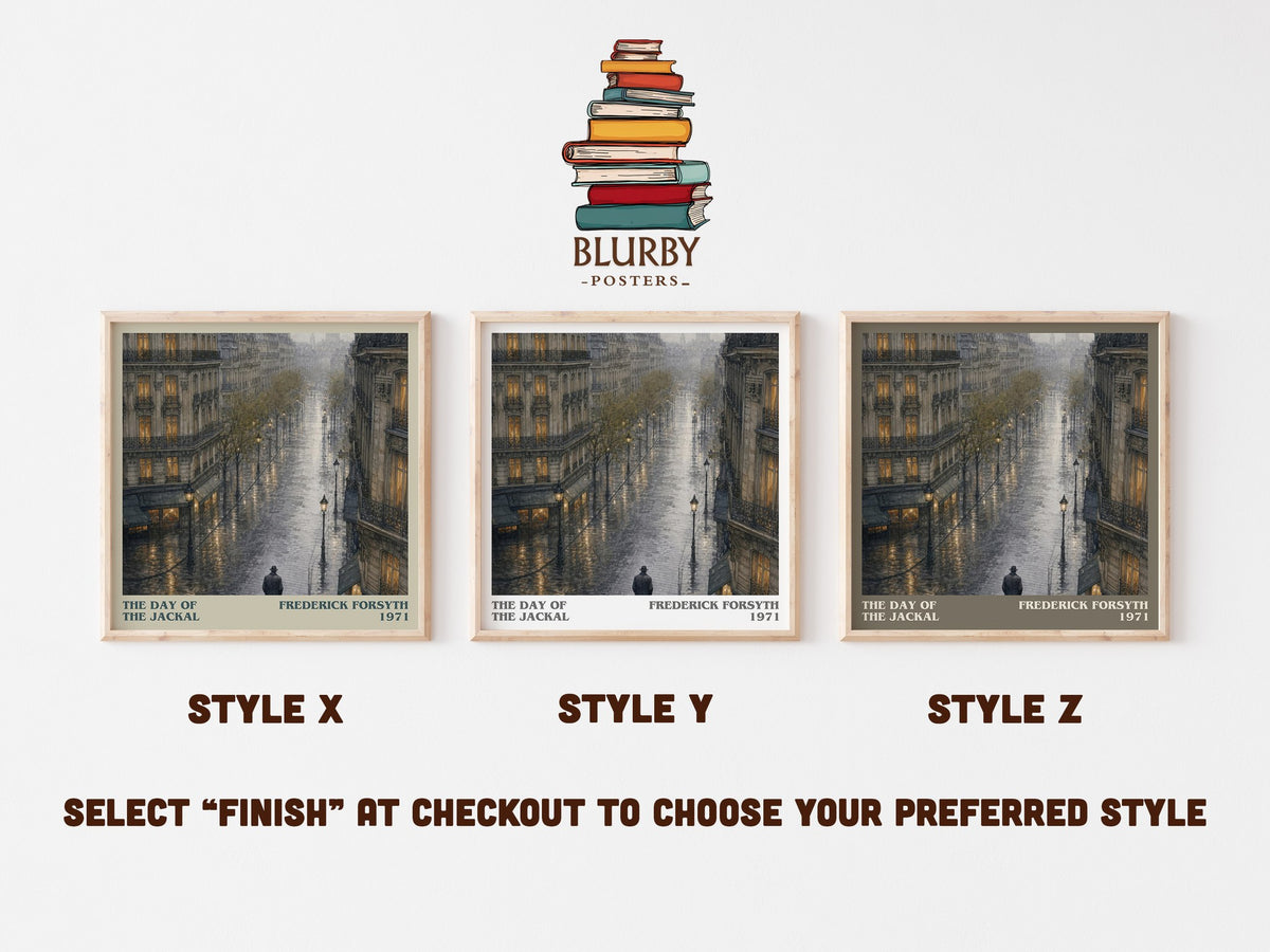 The Day of the Jackal literary print in frame leaning in hallway – thriller wall art (mockup)