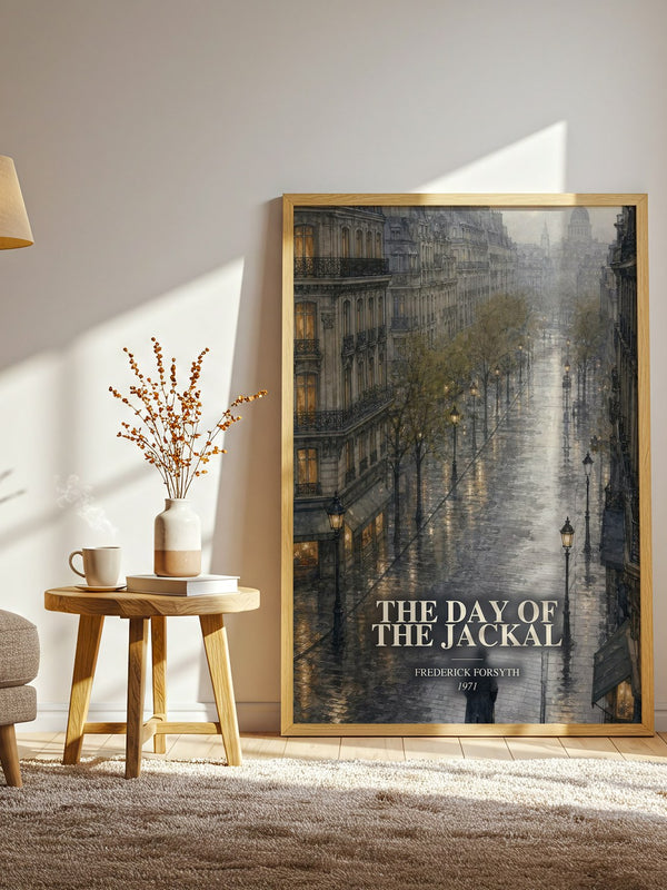 The Day of the Jackal watercolour print in frame leaning in hallway – thriller wall art