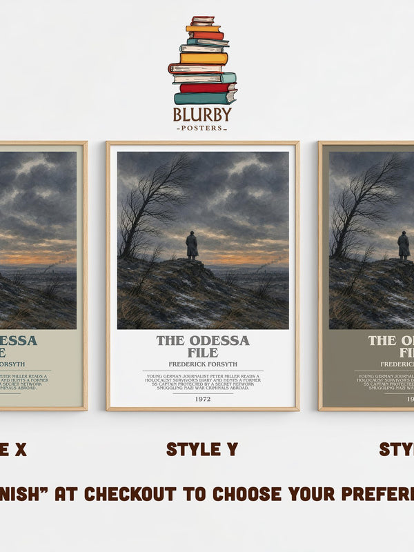 The Odessa File bookish print in frame leaning in hallway – thriller wall art