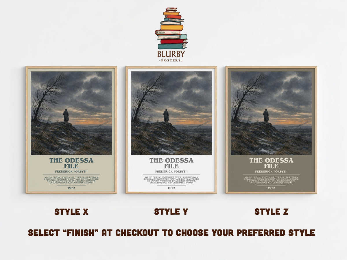 The Odessa File bookish print in frame leaning in hallway – thriller wall art (mockup)