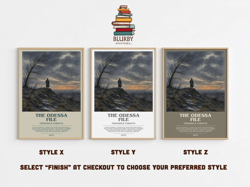 The Odessa File bookish print in frame leaning in hallway – thriller wall art