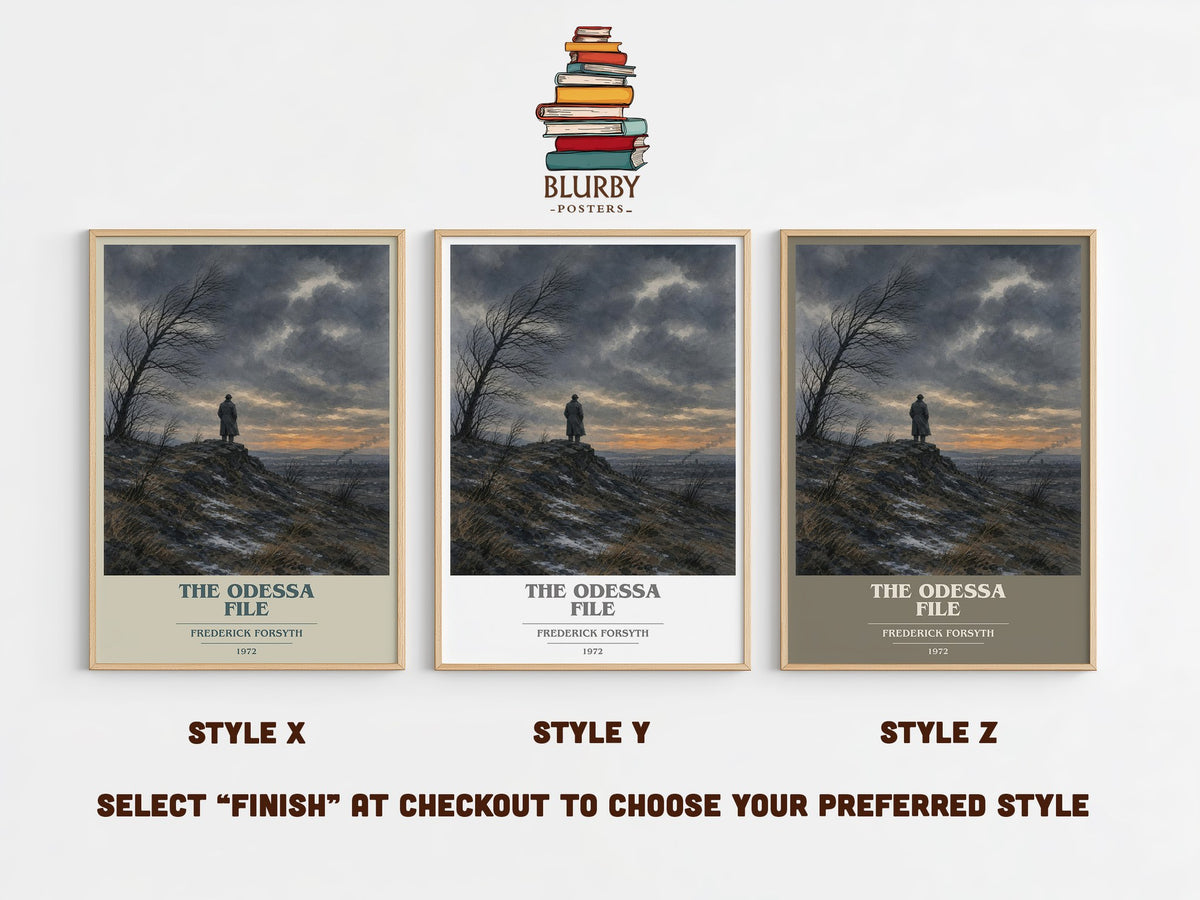 The Odessa File book cover print in frame leaning in hallway – thriller wall art (mockup)