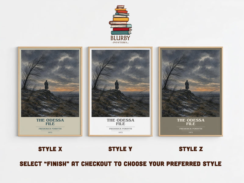 The Odessa File book cover print in frame leaning in hallway – thriller wall art