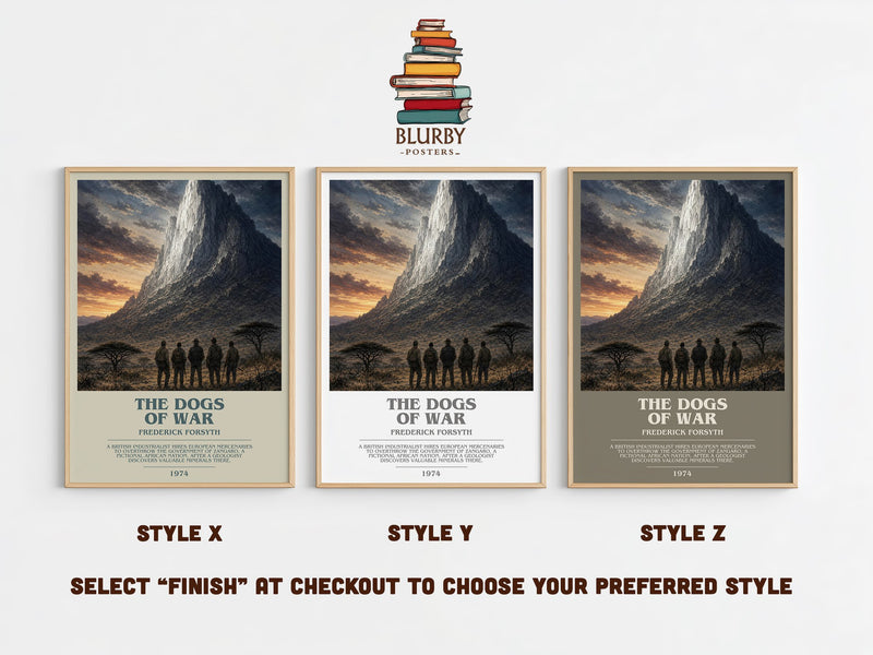 The Dogs of War bookish print in frame leaning in hallway – thriller wall art