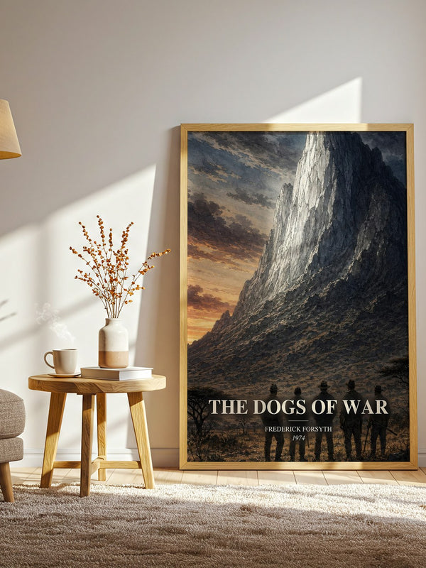 The Dogs of War watercolour print in frame leaning in hallway – thriller wall art