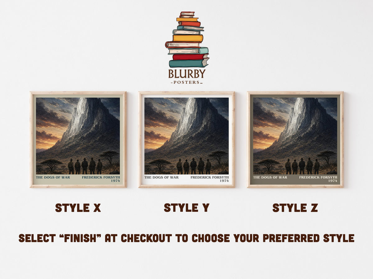 The Dogs of War literary print in frame leaning in hallway – thriller wall art (mockup)