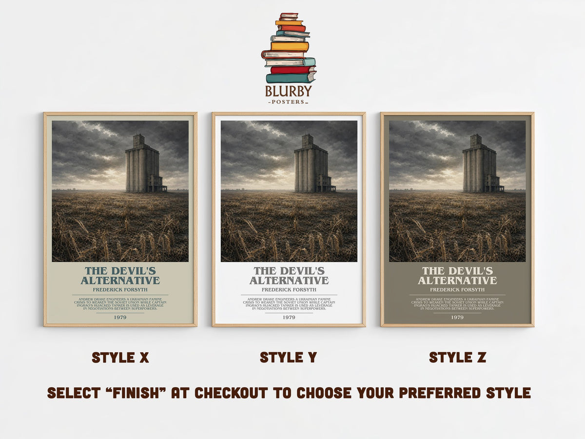The Devil's Alternative bookish print in frame leaning in hallway – thriller wall art (mockup)